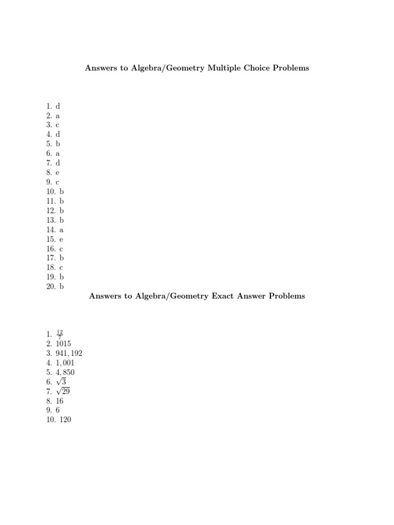 Algebra/Geometry Answers Guide | PDF