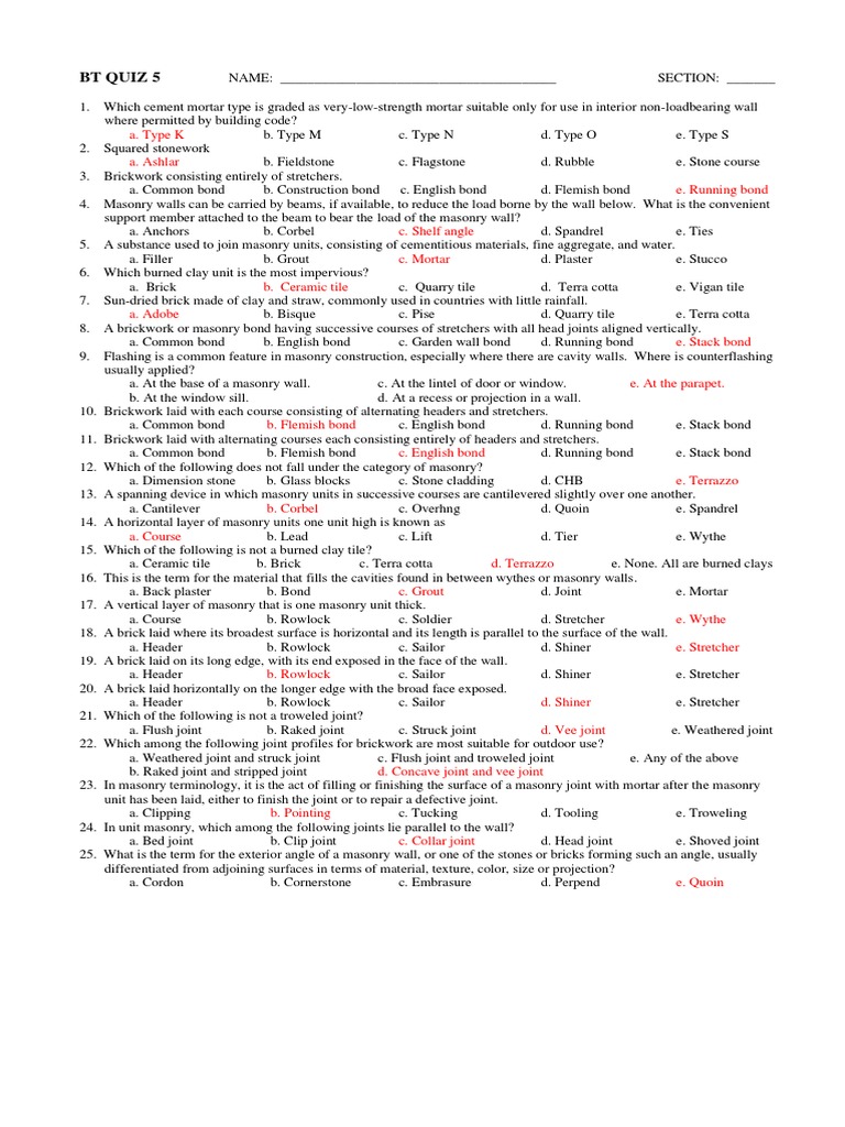 BT JOE Quiz 4 Masonry PDF Masonry Materials