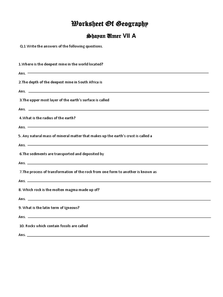 Geography Class 7 Worksheet | PDF