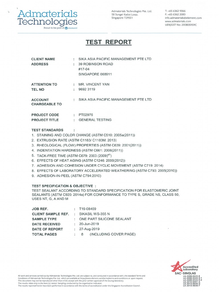 092. Test Report Sikasil WS355N Astm C920C50 PDF