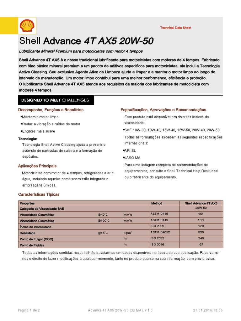 Shell Advance 4T AX5 20W-50: Ficha Técnica | PDF | Óleo de motor