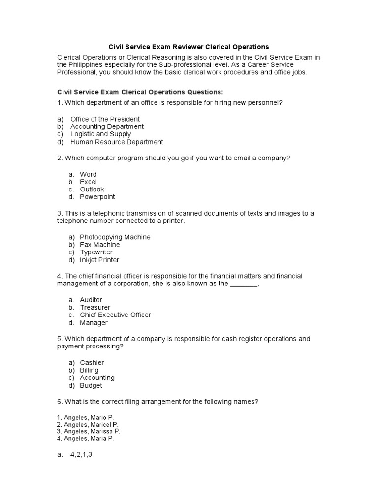 Civil Service Exam Reviewer Clerical Operations PDF Invoice Receipt