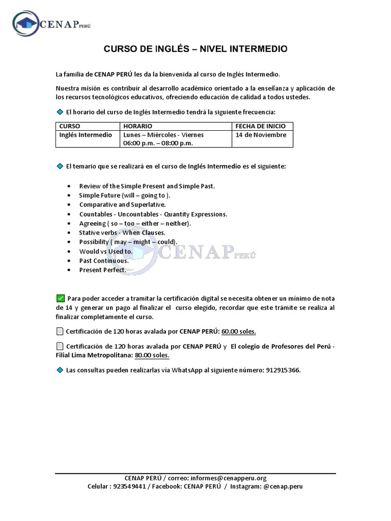 Informativo Del Curso - Inglés Intermedio | PDF