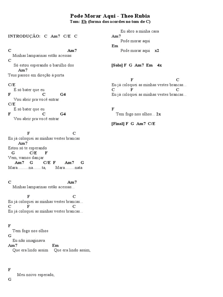Cifra PODE MORAR AQUI Theo Rubia PDF