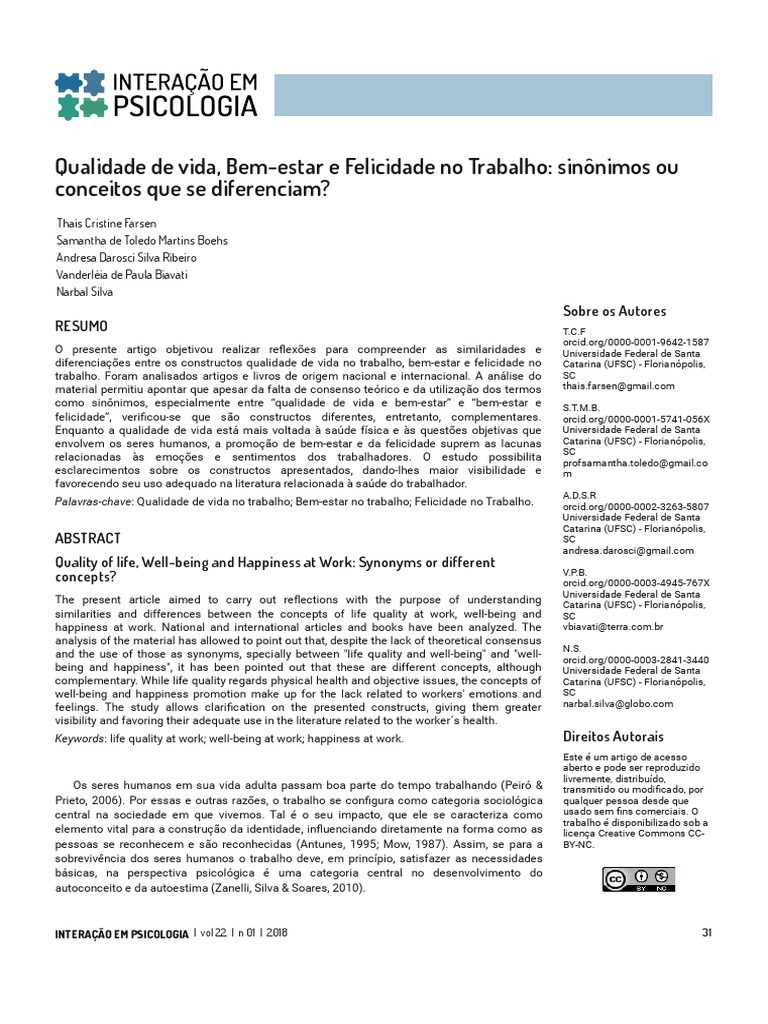 Qualidade de Vida, Bemestar e Felicidade No Trabalho Sinônimos Ou ...