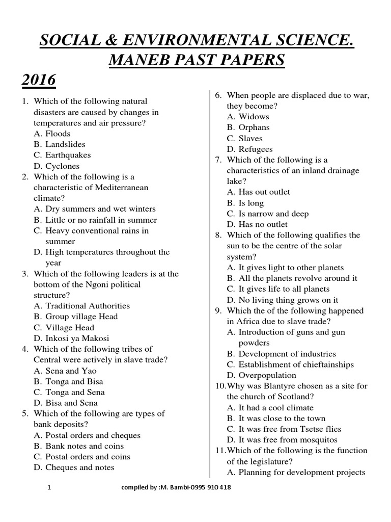 Social Maneb Past Papers PDF Malawi Africa