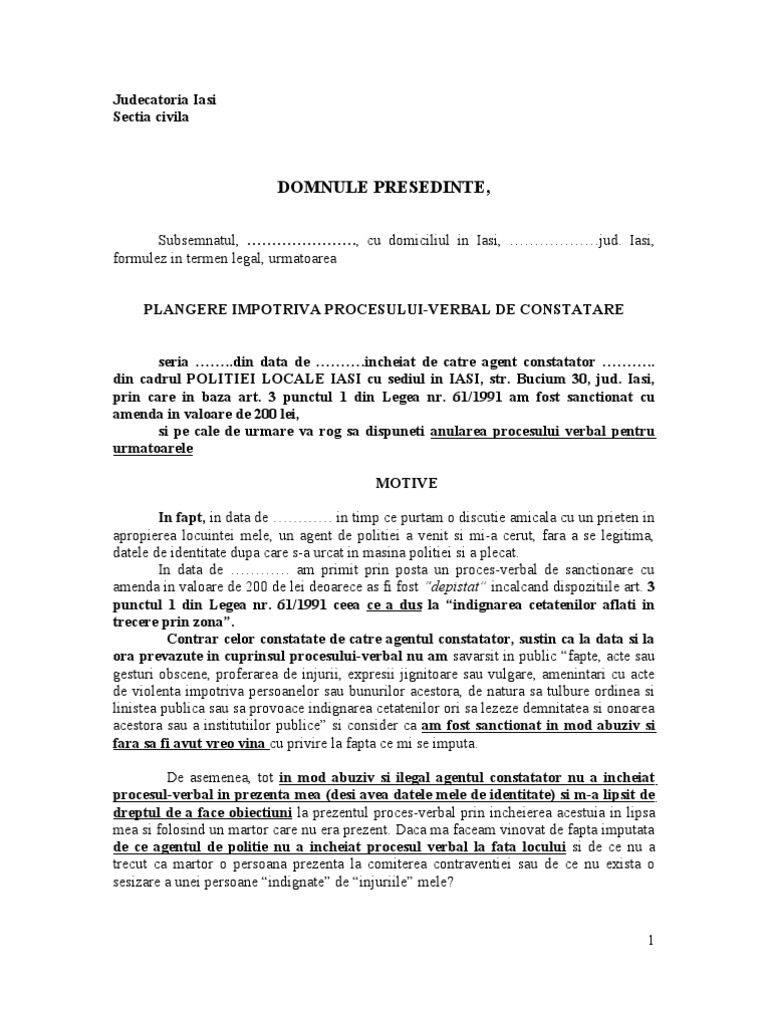 Model Plangere Contraventionala Lipsa Vinovatiei Lipsa Obiectiuni