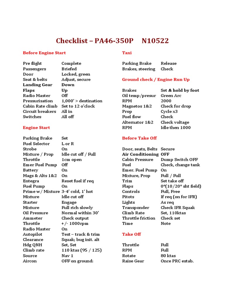 PA46-350P Pre-Flight Checklist | PDF | Brake | Throttle