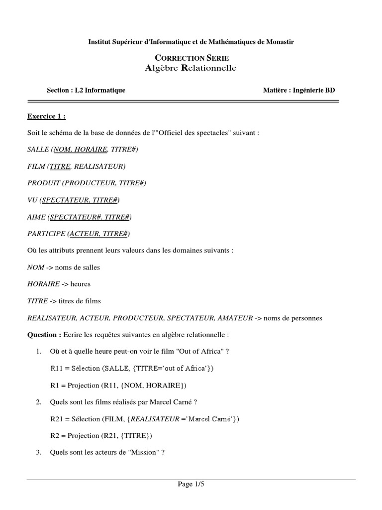 Exercices Corrigés d'Algèbre Relationnelle | PDF | Bases de données