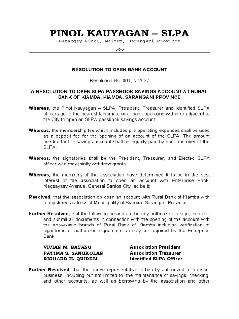 Resolution to Open SLPA Bank Account | PDF | Passbook | Banks