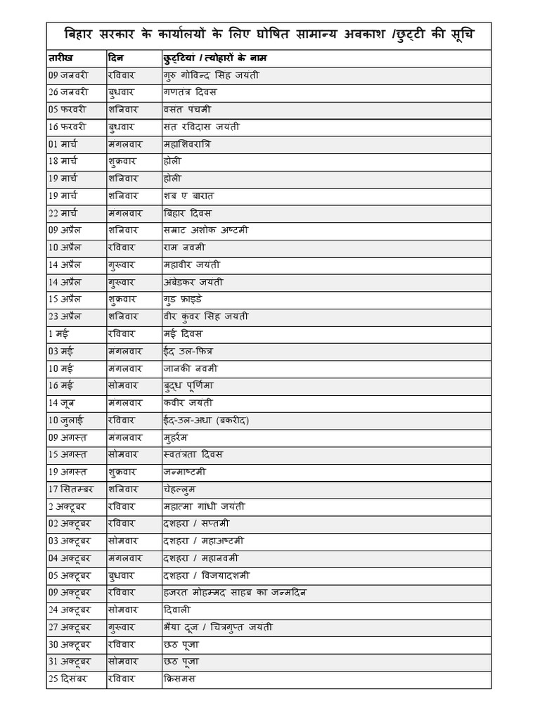 List of holiday pdf