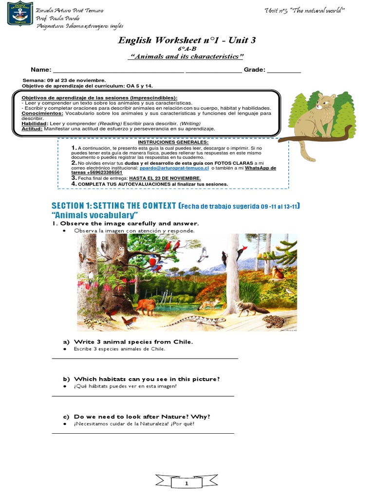Inglés 6ºA Guía Unidad 3 Animals and Its Characteristics PDF