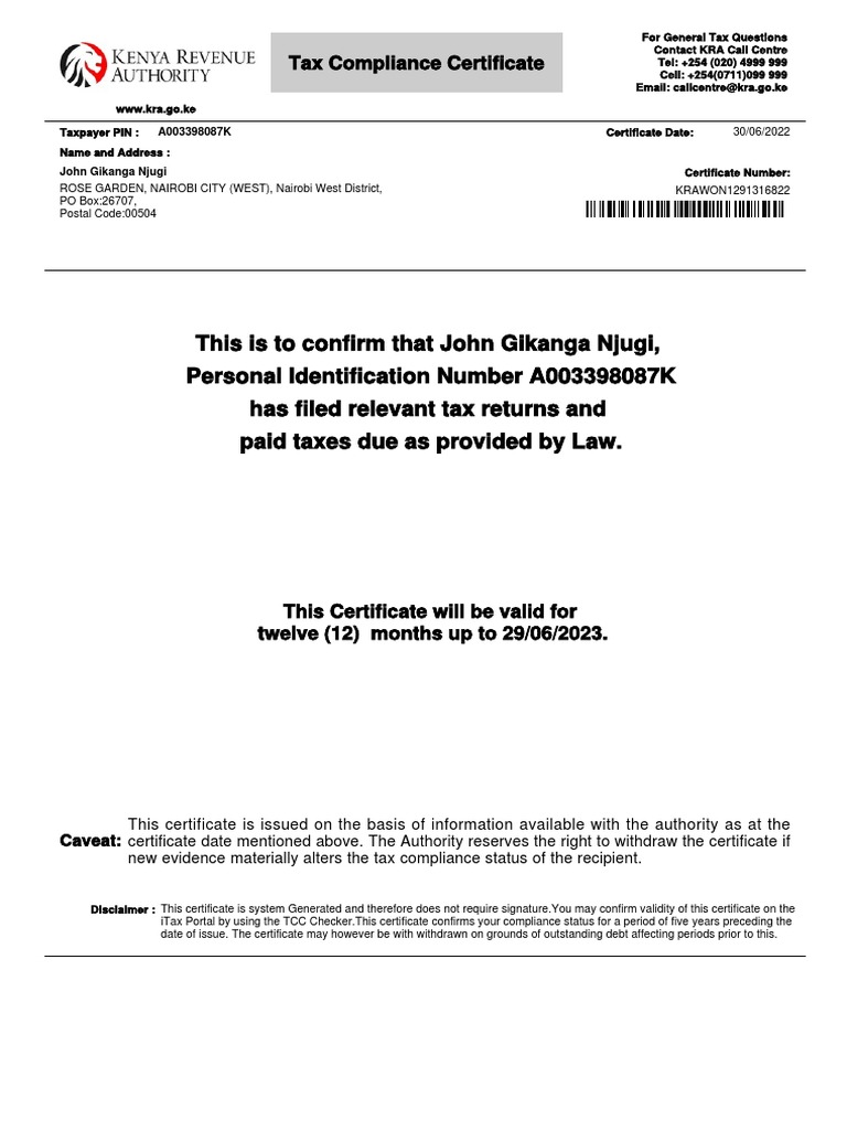 Tax Compliance Certificate PDF