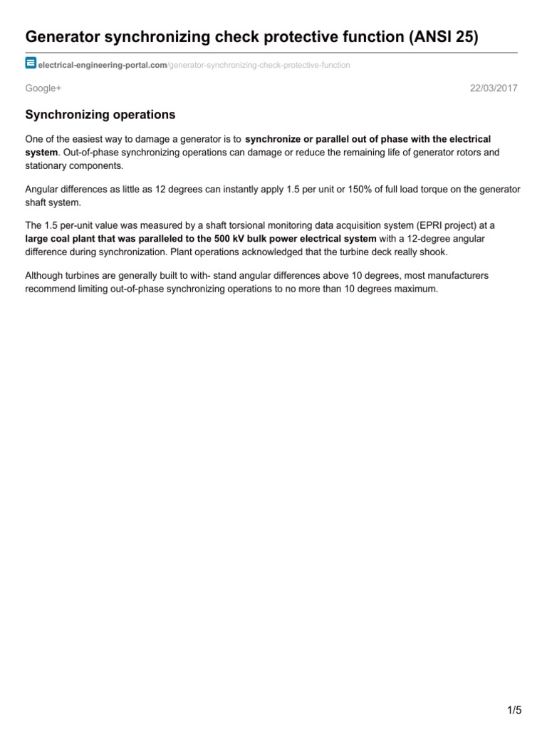 Generator Synchronizing Check Protective Function ANSI 25 PDF Relay