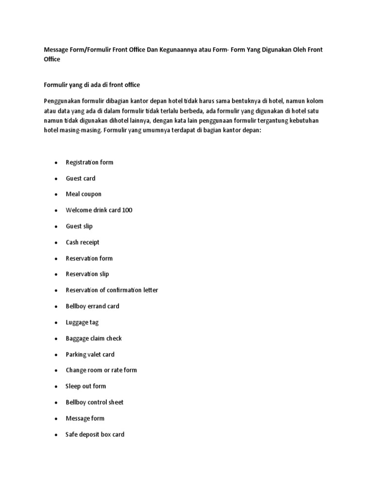 Formulir Penting di Front Office Hotel | PDF | Pengelolaan Keuangan & Uang