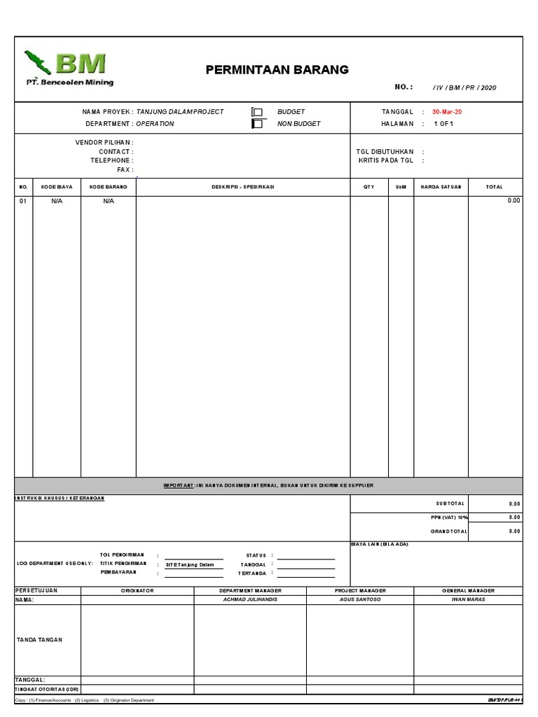 Form purchase request kosong pdf