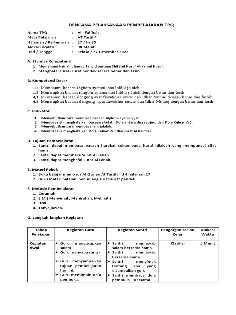 RPP Pembelajaran At Tartil Jilid 4 | PDF