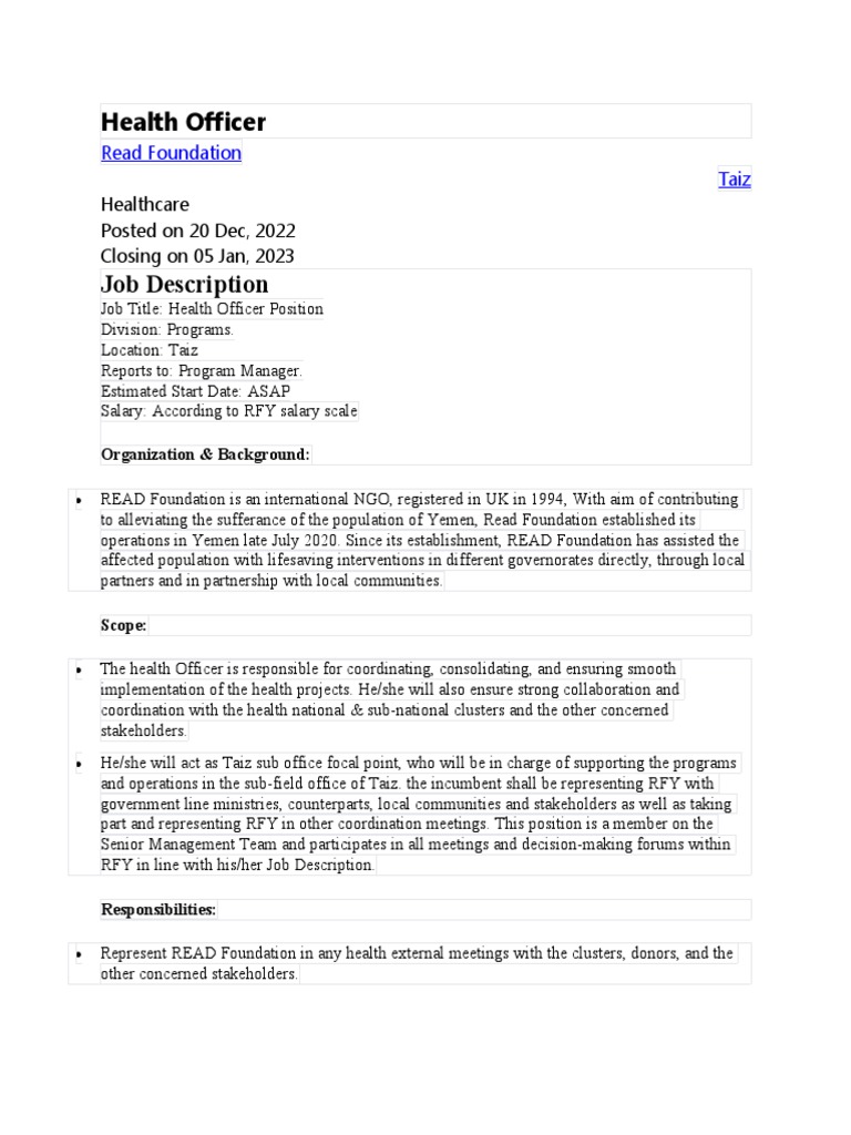 READ Foundation Health Officer | PDF | Humanitarian Aid | Fundraising