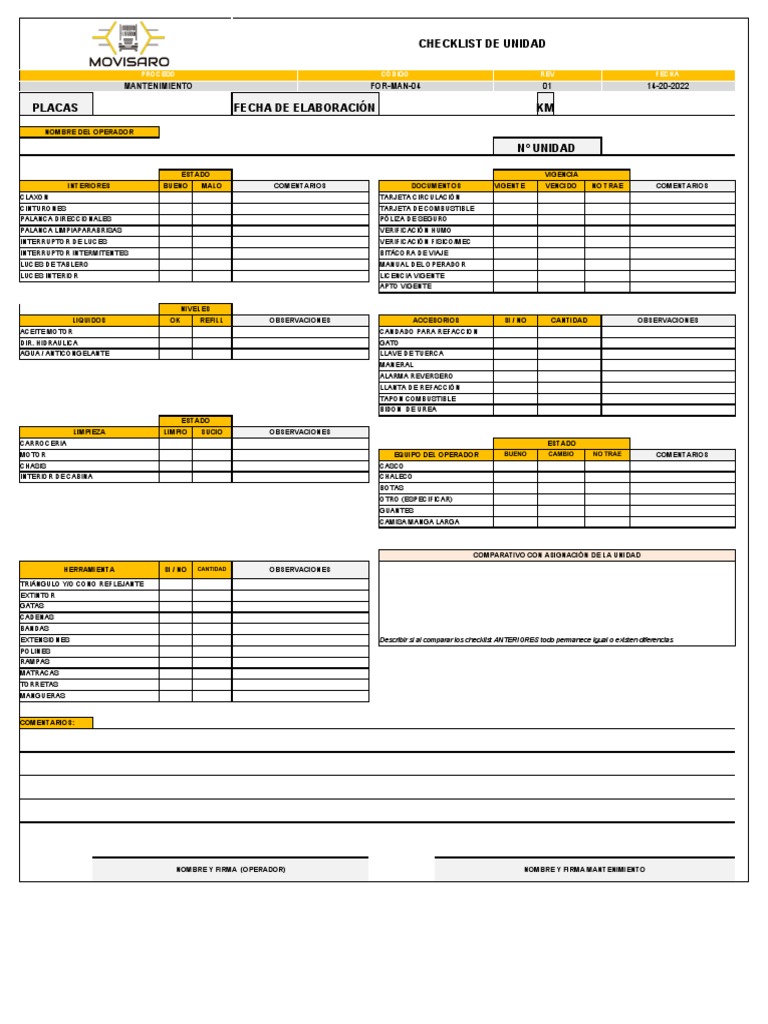 FOR-MAN-04 Checklist de Unidad | PDF | Vehículos con tracción trasera ...