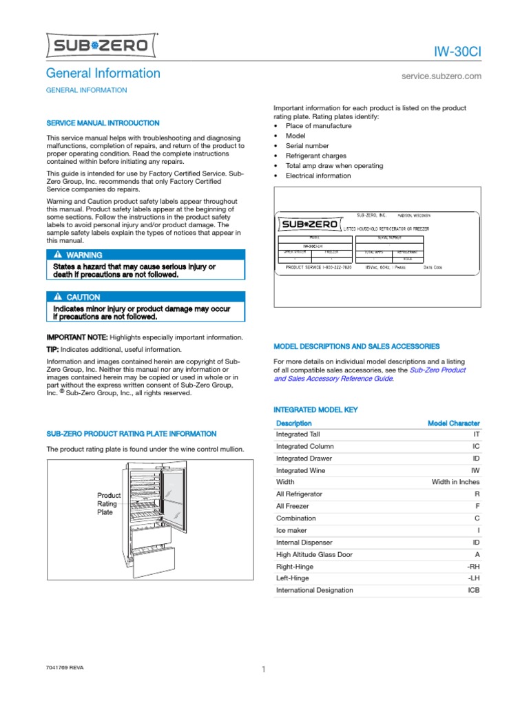 Sub Zero Service Manual IW30CI PDF Refrigerator Manufactured Goods