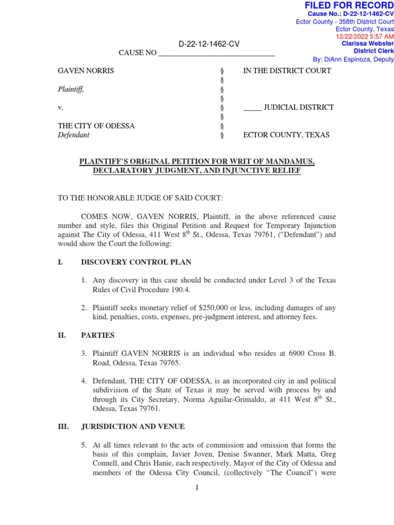 Attorney Gaven Norris Files Lawsuit Against The City of Odessa PDF