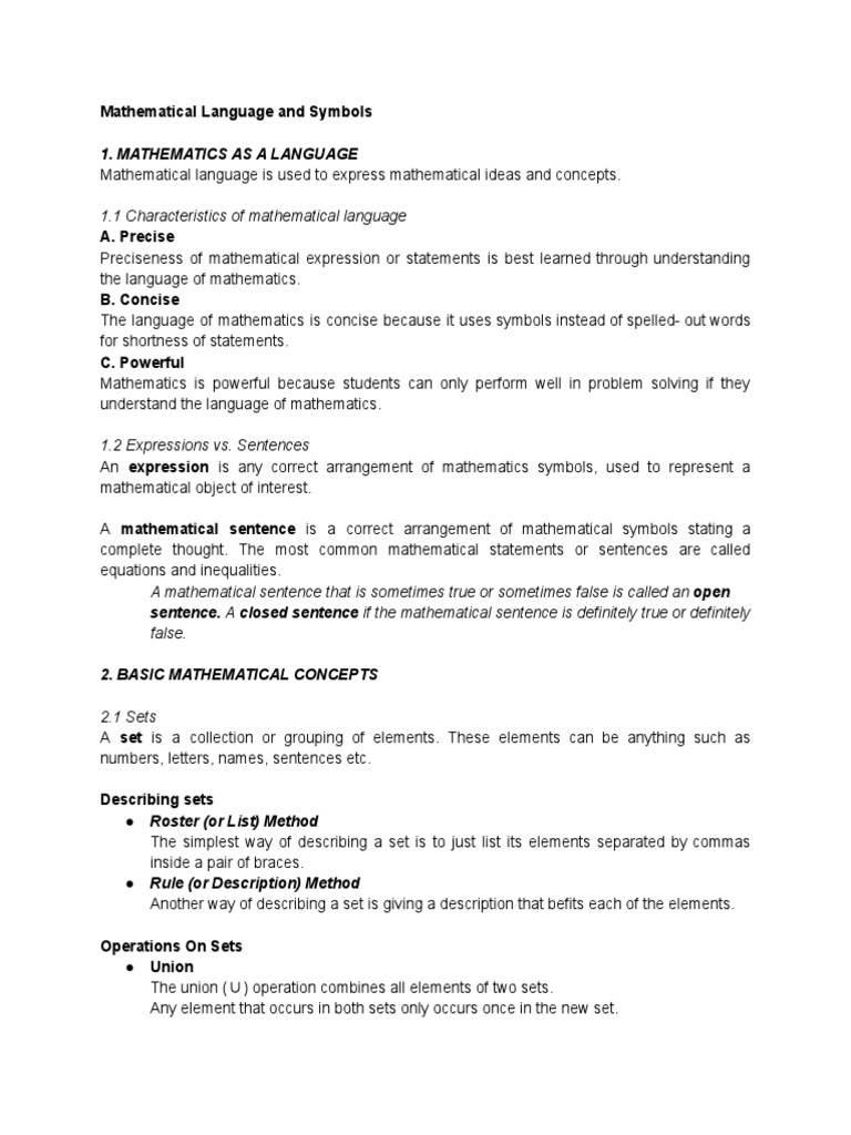 Mathematical Language and Symbols | PDF | Logic | Set (Mathematics)