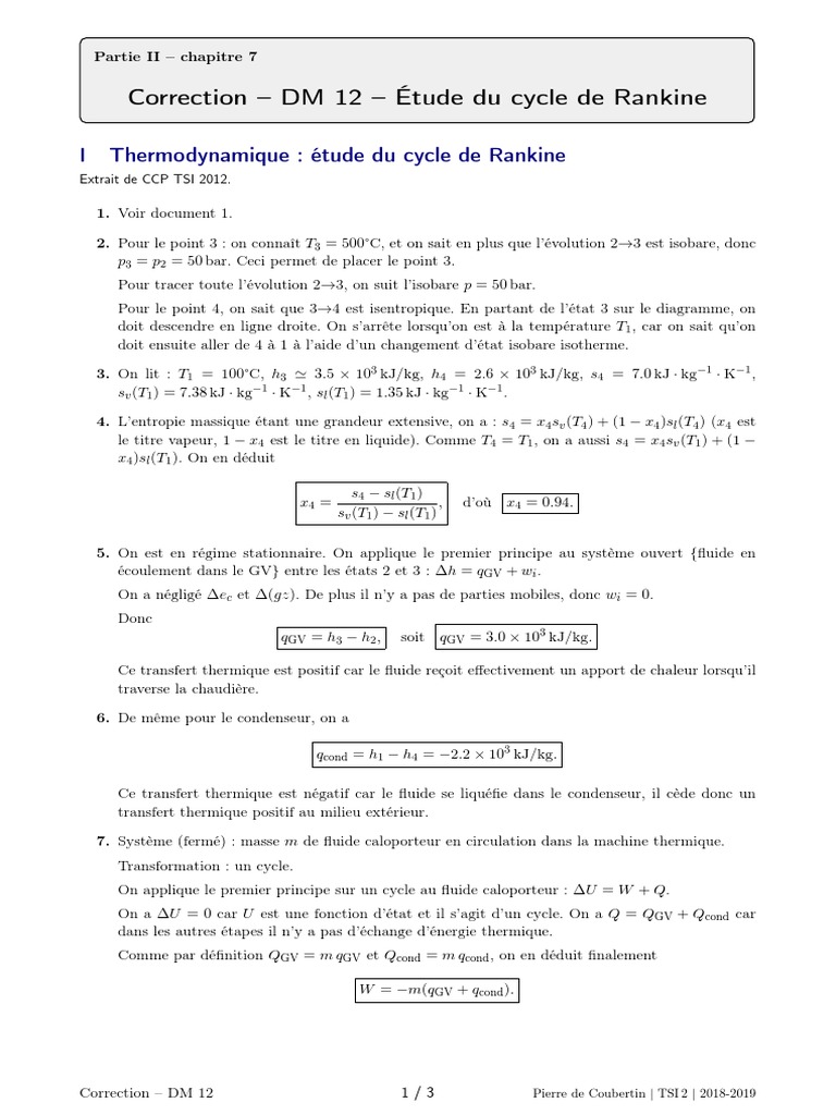 Correction DM 12 : Cycle de Rankine | PDF | Transfert thermique | Turbine
