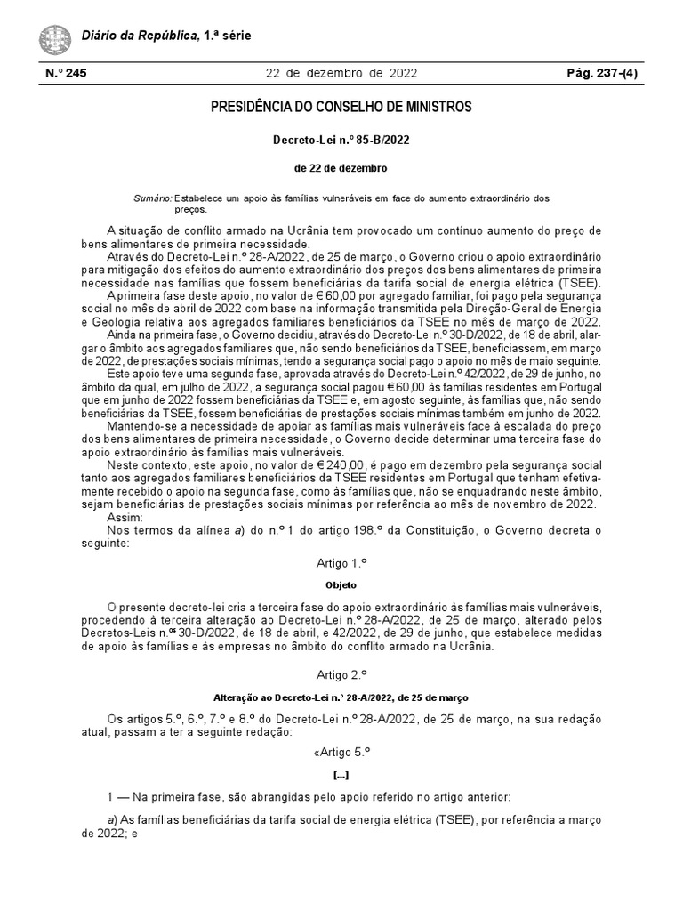 Decreto lei n 85 b 2022 estabelece um apoio s fam lias vulner veis