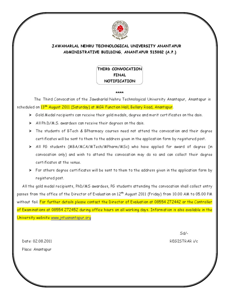 Jntu Anantapur III Convocation Final Notification DT 02.08 | PDF