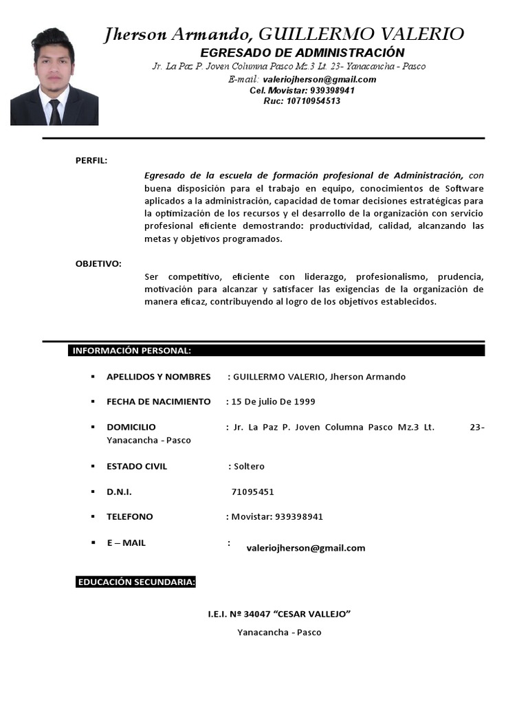 Curriculum Vitae Jherson Armando Guillermo Valerio PDF Economias