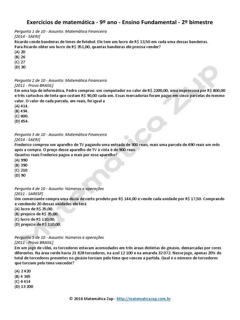 Lista de Exercicios de Matematica 9 Ano 2 Bim | PDF | Negócios | Casa e ...