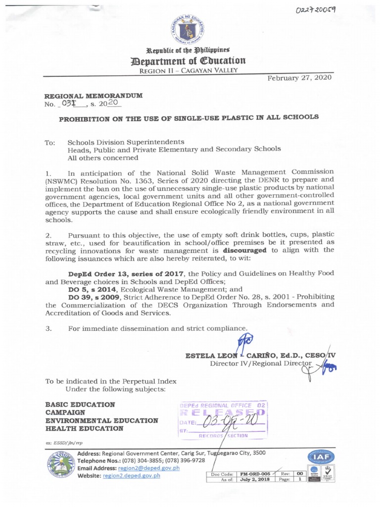 Prohibition On The Use of Single Use Plastic in All Schools. | PDF