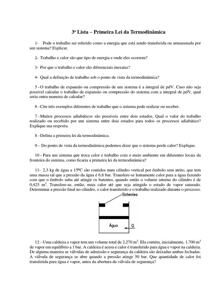 Exercícios sobre a Primeira Lei da Termodinâmica | PDF | Termodinâmica ...