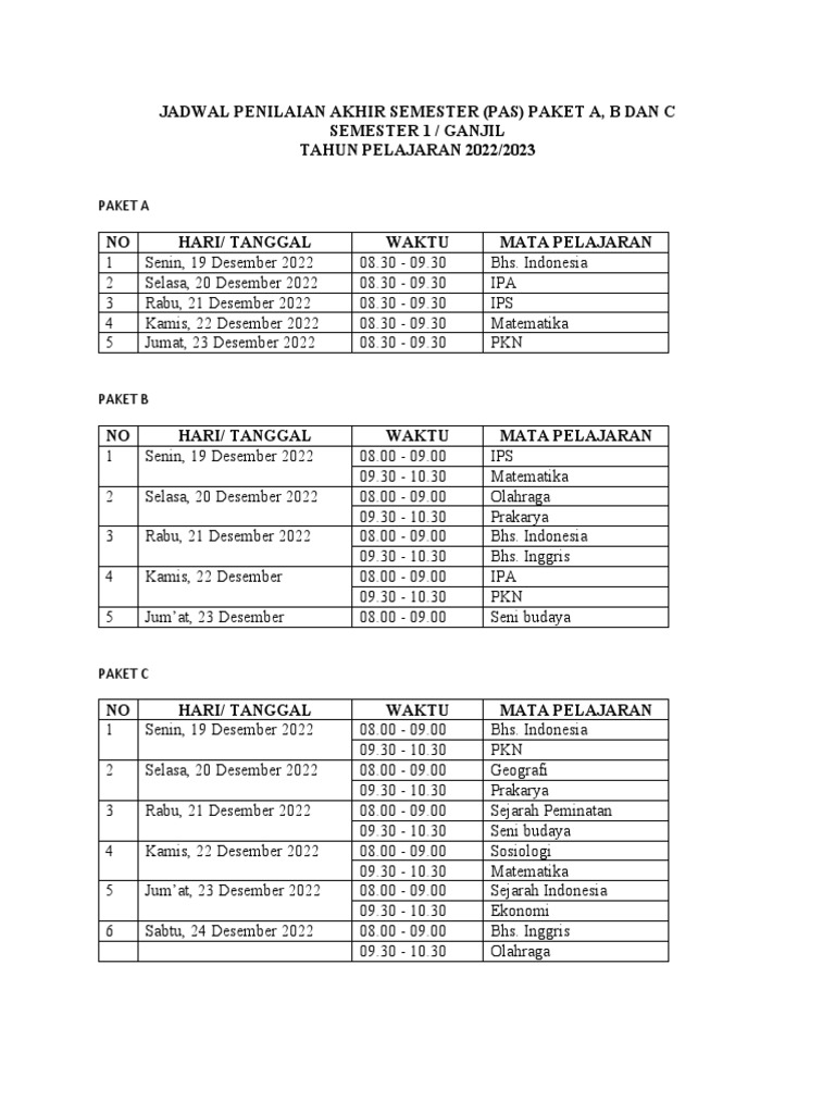 Jadwal Penilaian Akhir Semester Paket A, B, C 2022-2023 | PDF