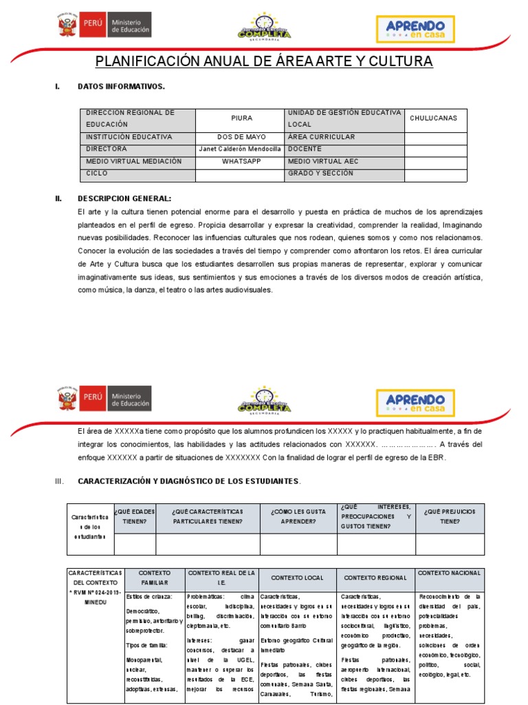 Plan Anual de Arte y Cultura 2023 | PDF | Aprendizaje | Evaluación