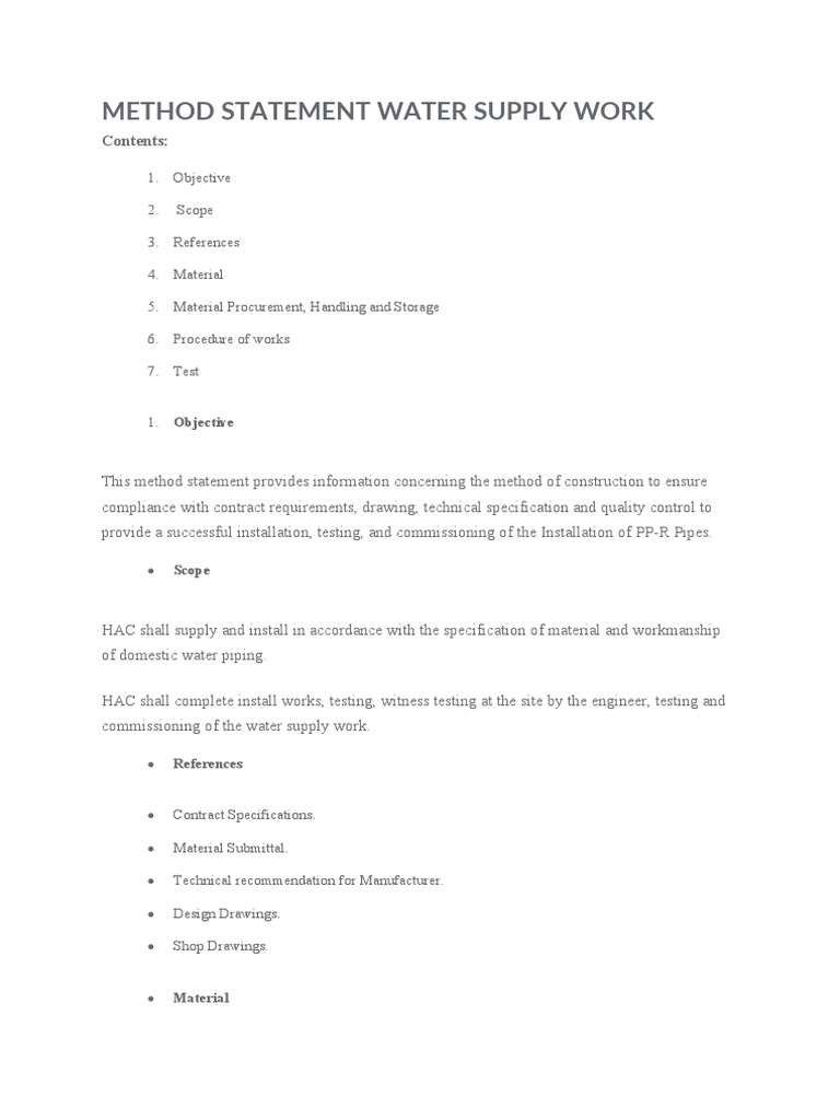Method Statement Water Supply Work For Building PDF Pipe (Fluid