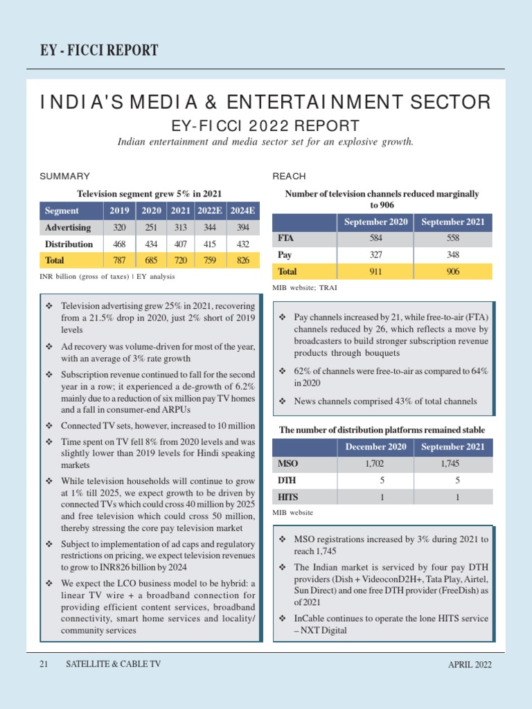 Ey Ficci Media And Entertainment Report April22 Pdf Pay Television