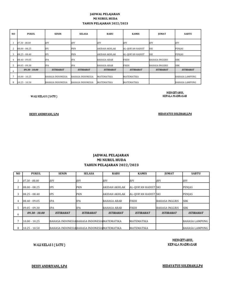 Jadwal Pelajaran Baru | PDF