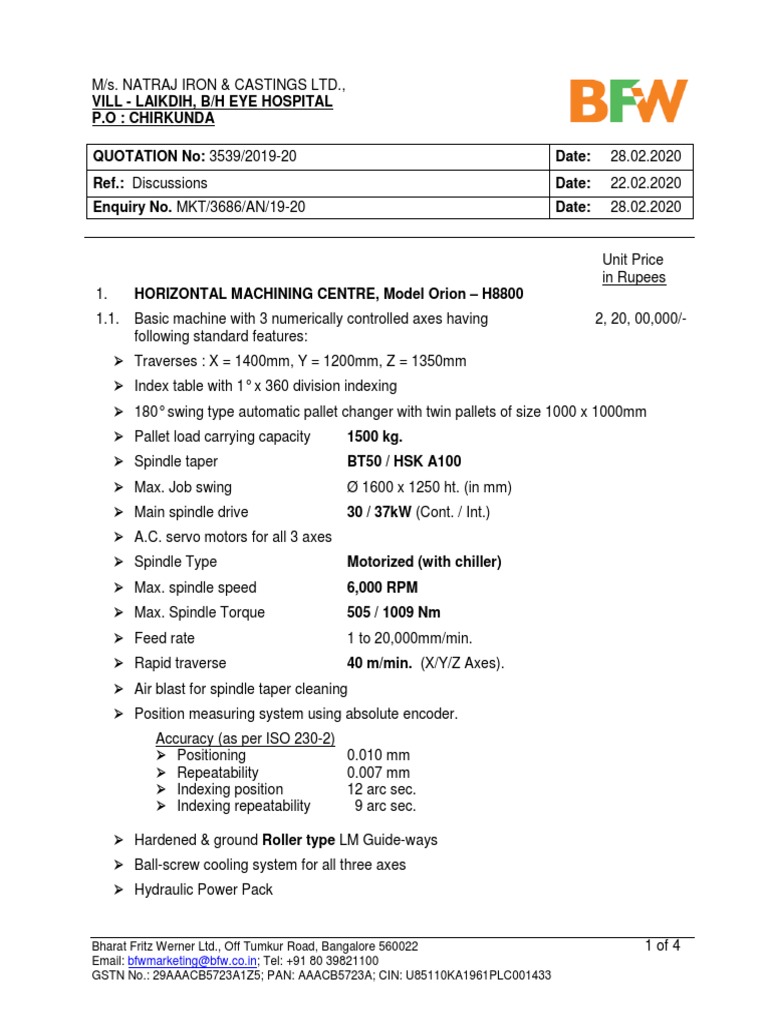 Quotation for H8800 Machining Centre | PDF | Mechanical Engineering ...