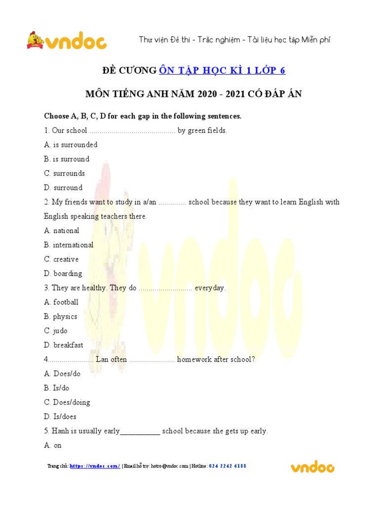De Cuong On Tap Tieng Anh Lop 6 Hoc Ki 1 Co Dap An | PDF
