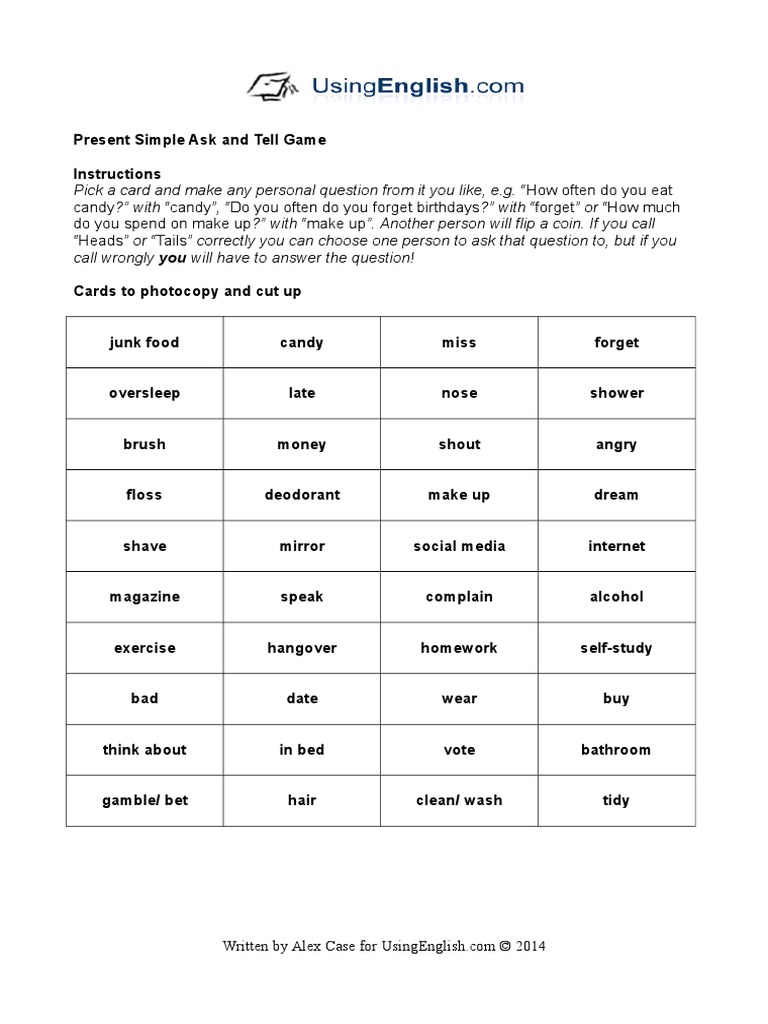 Present Simple Ask and Tell Game | PDF