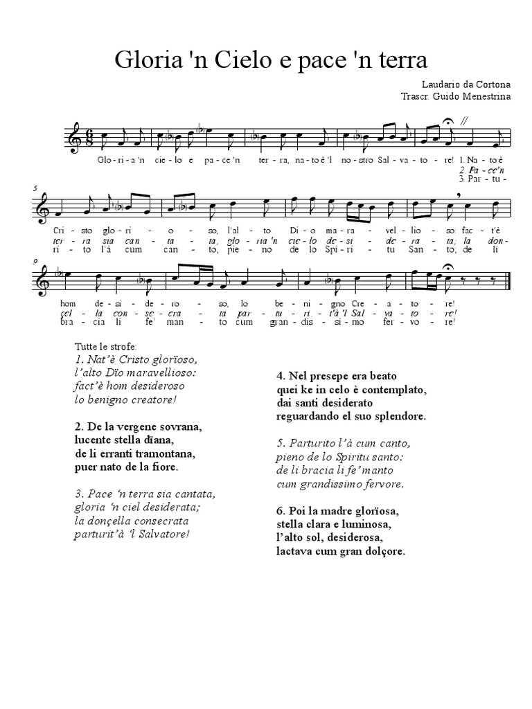 Gloria Gloria A Dio Gloria Gloria Nell'alto Dei Cieli Gloria 'n cielo e pace 'n terra (Laudario da Cortona, XIII sec) | PDF