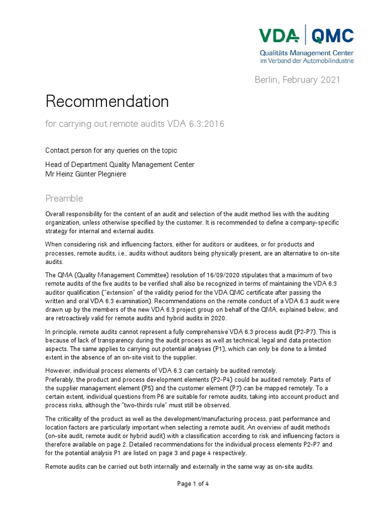 VDA 6.3 Whitepaper Remoteaudit | PDF | Risk | Audit