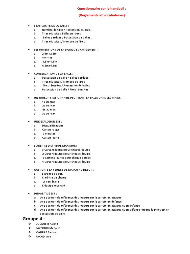Questionnaire sur l'arbitrage en handball | PDF | Sports et loisirs