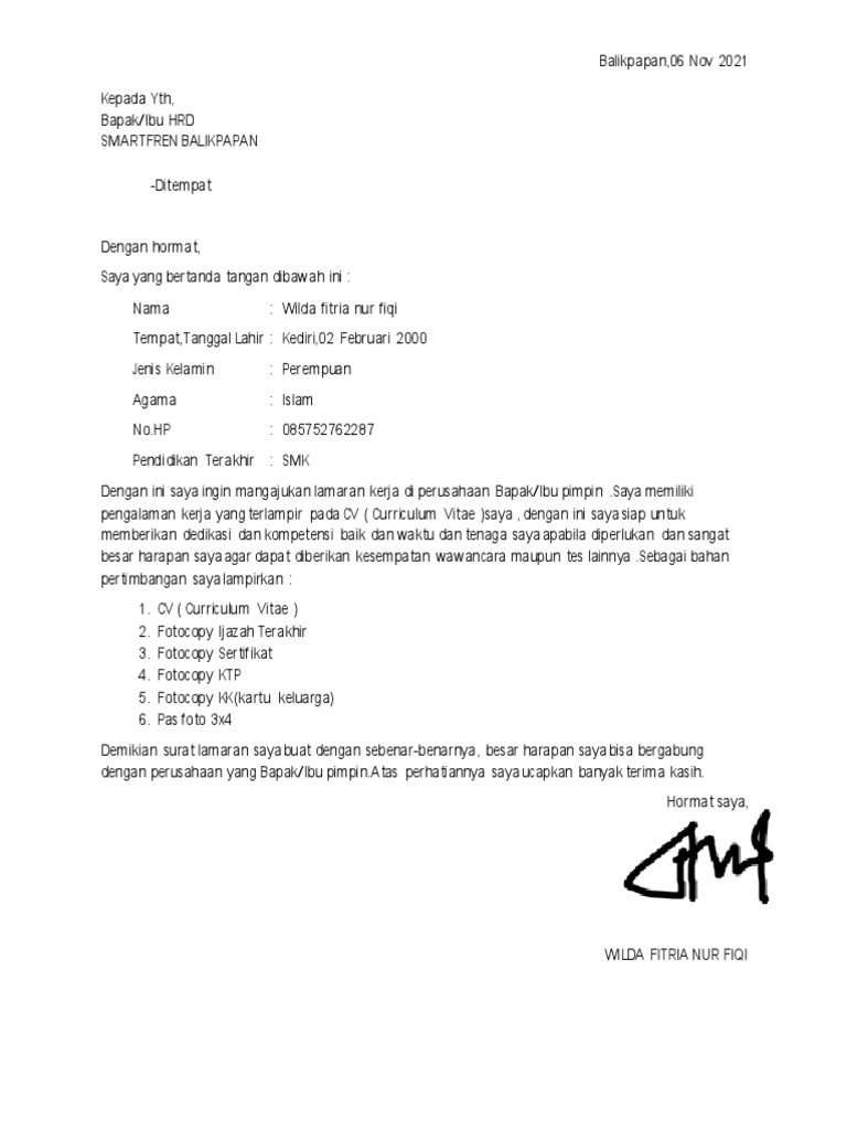 Surat Lamaran Kerja Wilda | PDF