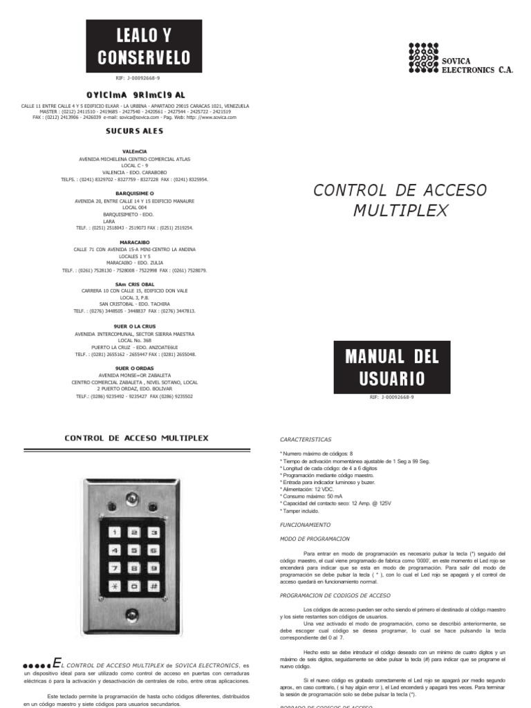 Manual de Control de Acceso Multiplex | PDF | Diodo emisor de luz | Teclado