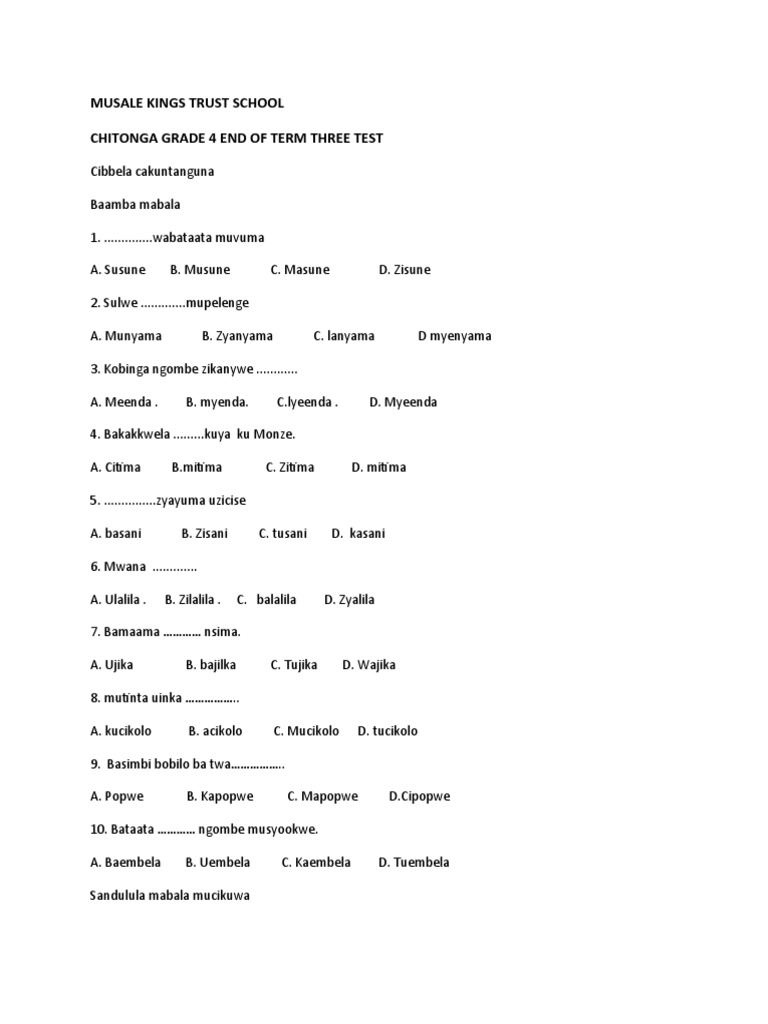 Chitonga Grade 4 Term 3 Test Paper | PDF | Bantu