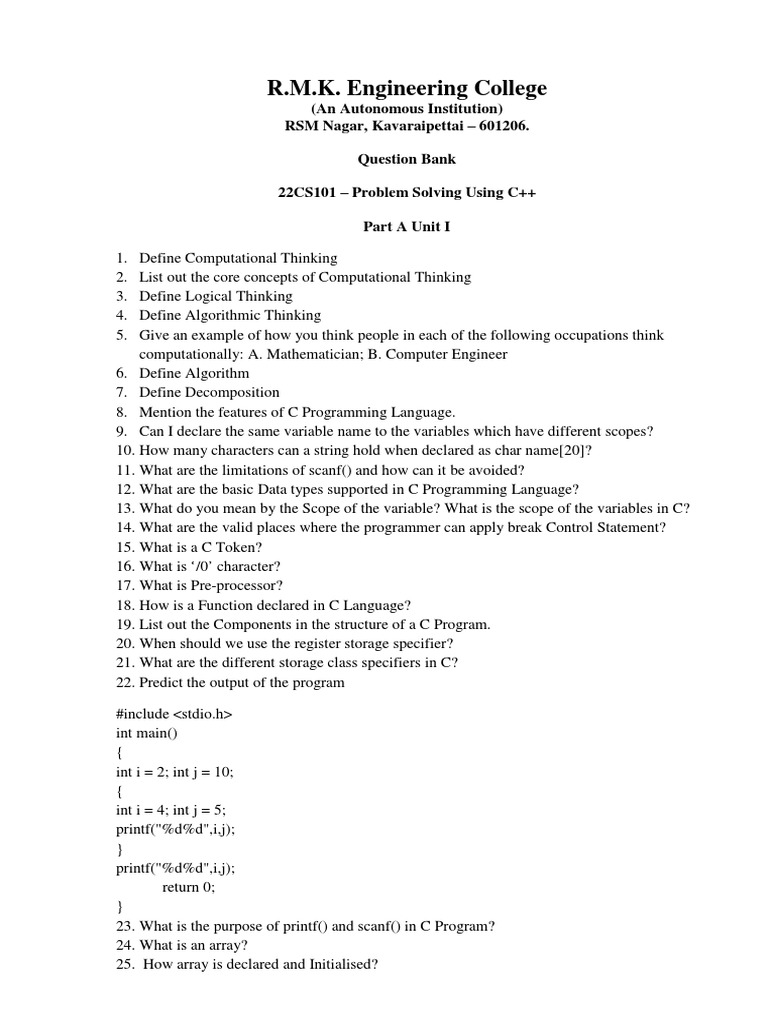 C++ Problem Solving Question Bank | PDF | Subroutine | Pointer ...