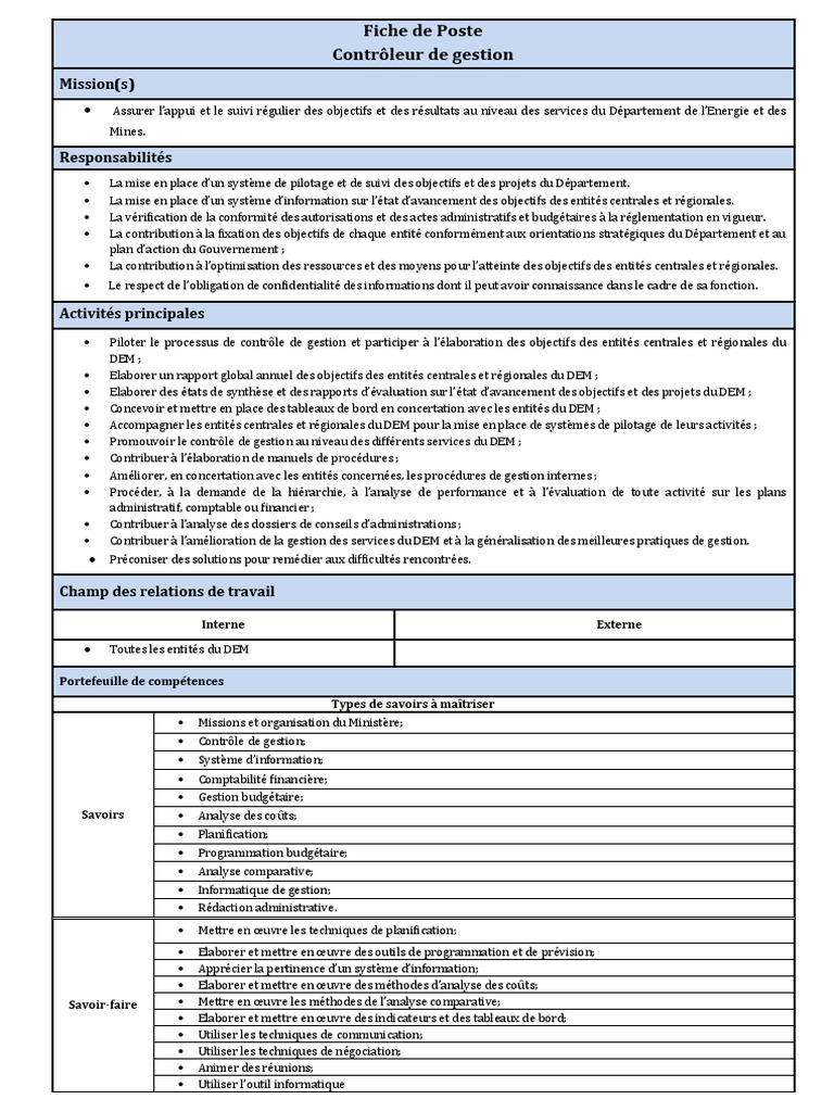 Fiche de Poste Contrôleur de Gestion | PDF | Business