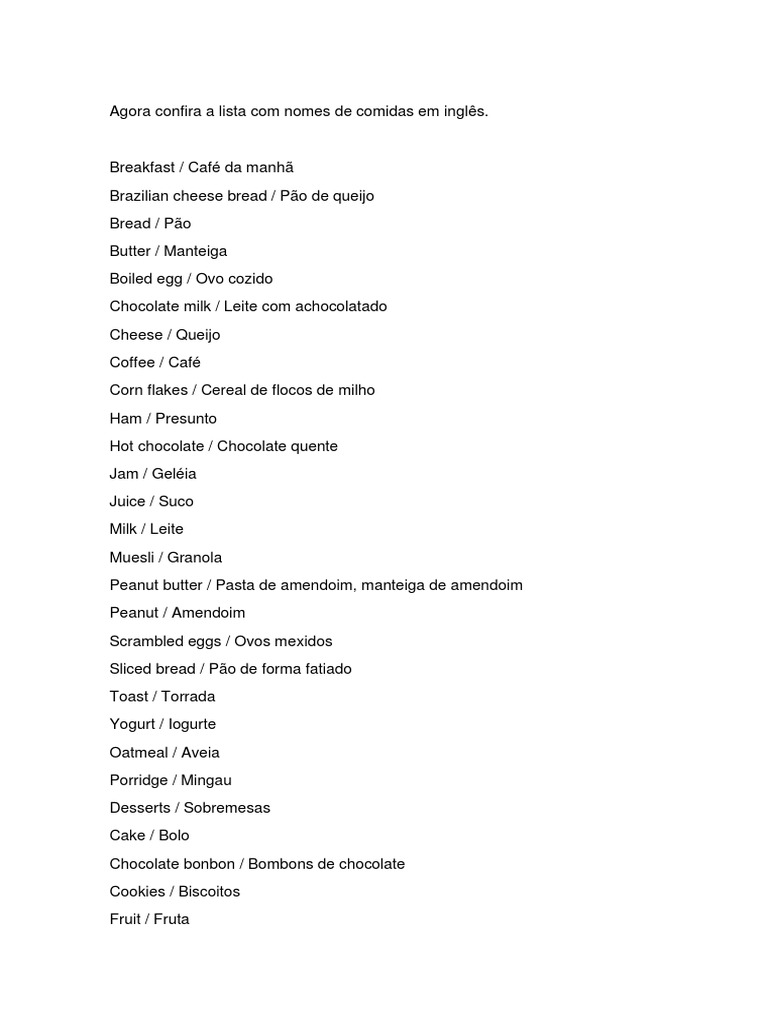 Agora Confira A Lista Com Nomes de Comidas em Inglês | PDF | Indústria ...